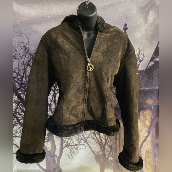 Baby fat brown suede faux fur lined jacket/coat size large - Picture 2 of 15